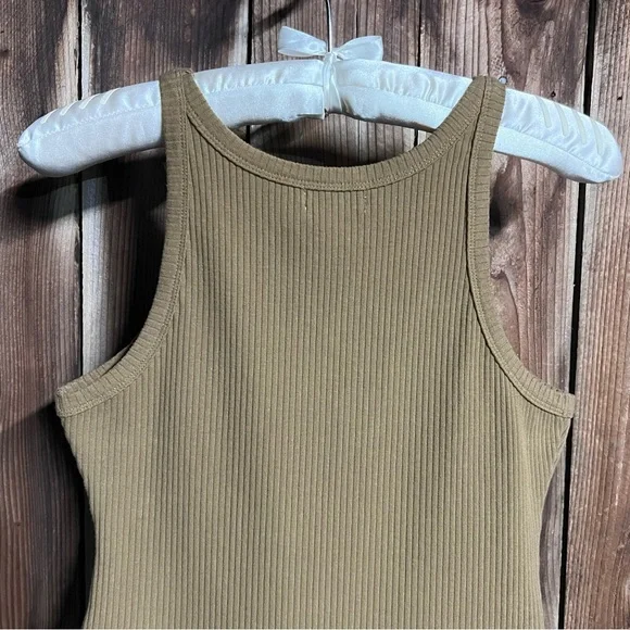 Good American Thong Tank Bodysuit Ribbed Khaki Forrest Green Brown High Leg Sz L - Picture 12 of 15